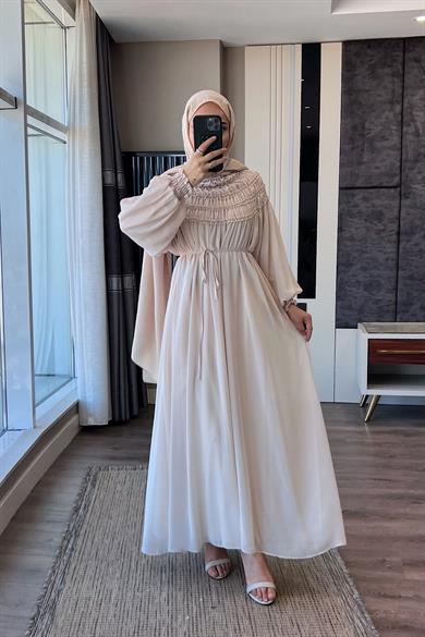 Yakası Ve Kolu Lastikli Şifon Elbise Bej