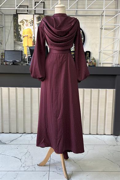 Degaje Yaka Taşlı Saten Elbise Mürdüm