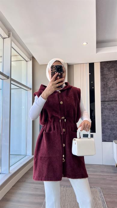 Kapşonlu Yumoş Yelek Bordo