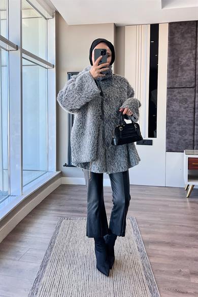 Atkılı Peluş Ceket Gri