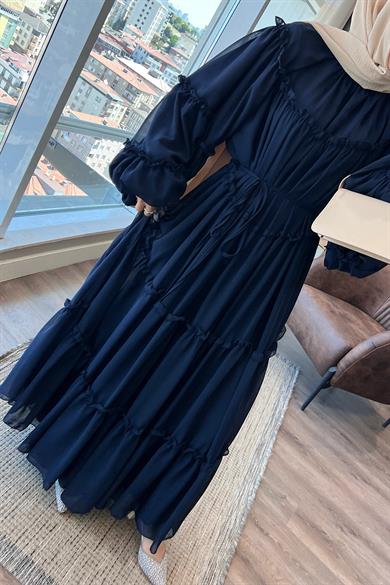 Fırfırlı Şifon Elbise Lacivert