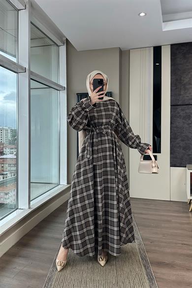 Ekose Desen Elbise Kahverengi