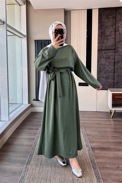 Taşlı Modal Elbise Yeşil