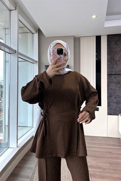 Yandan Bağcıklı Taşlı Oysho Takım Kahverengi 
