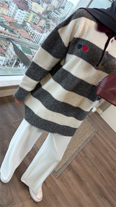 Polo Yaka Gri Beyaz Çizgili Yumoş Tunik