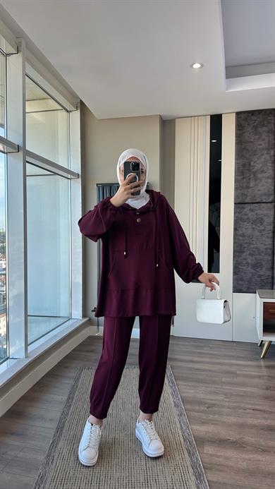Paçası Pensli Kapüşonlu Takım Bordo