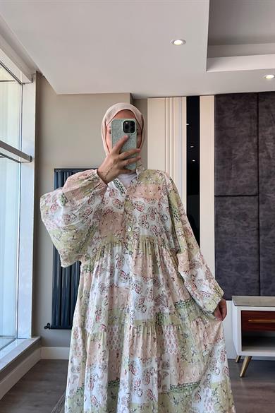 Yarım Patlı Desenli Elbise Yeşil Çiçekli 