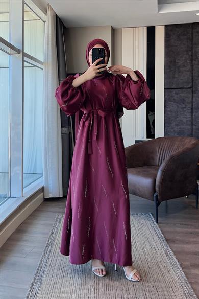 Üzeri Taş Detay Saten Elbise Bordo