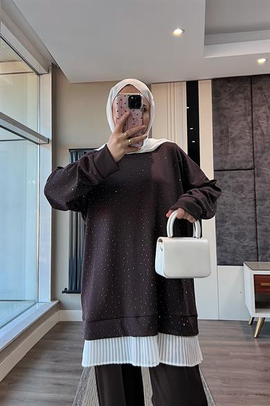 Altı Pileli Üzeri taşlı Takım Kahverengi