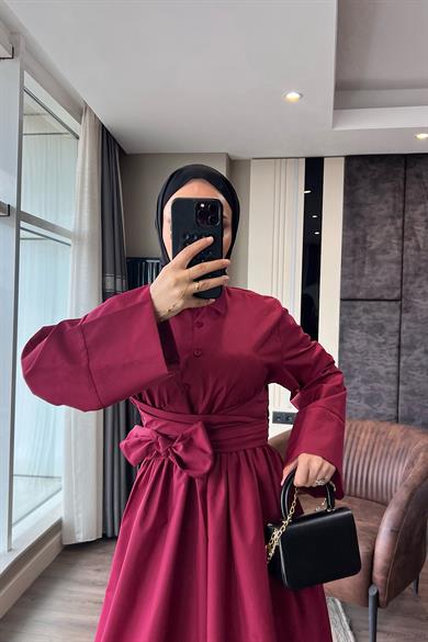 Bağlama Detaylı Poplin Elbise Bordo
