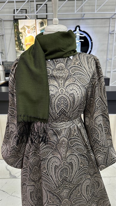 Şal Desen Saten Elbise Gri-Yeşil