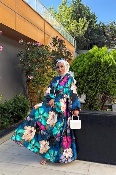 Çiçek Desenli Yarım Patlı Elbise