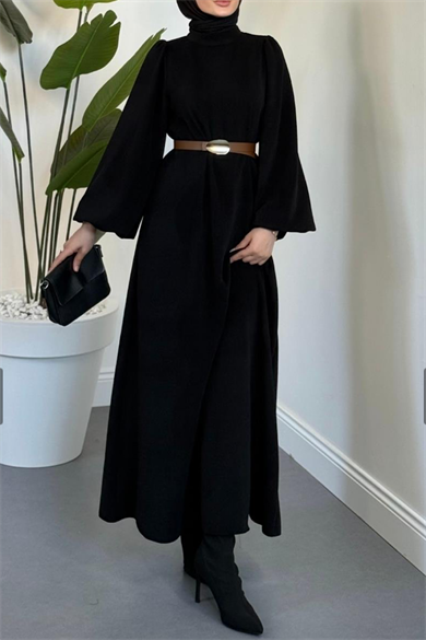 Kemerli Balon Kol Elbise Siyah