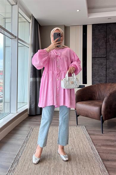 Bağlamalı Keten Gömlek Pembe