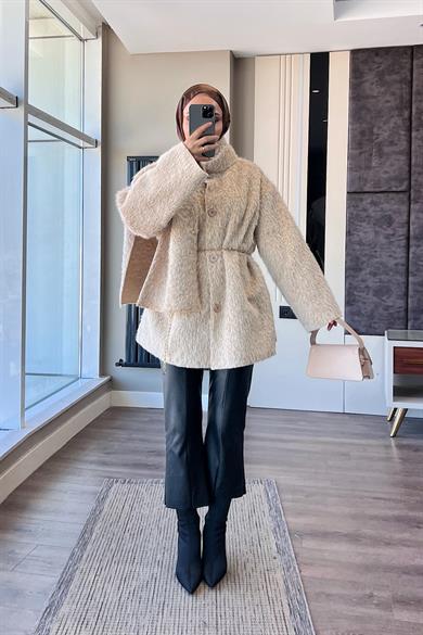 Atkılı Peluş Ceket Krem
