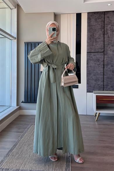 İçi Sıfır Kol İkili Abaya Takım Yeşil