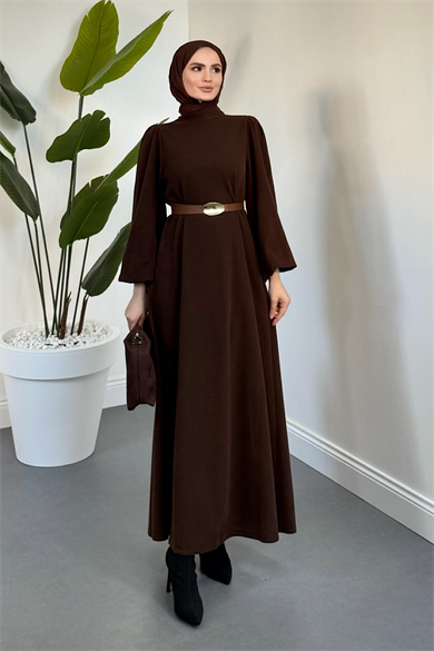 Kemerli Balon Kol Elbise Kahverengi 