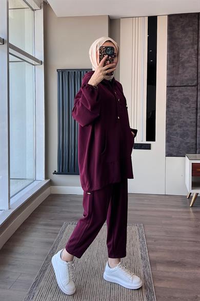 Kapüşonlu Modal Takım Bordo