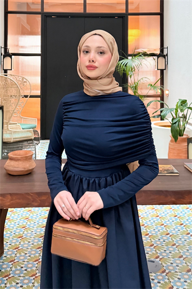 Büzgülü Sandy Poplin Elbise Lacivert