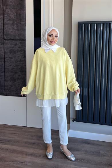 Kendinden Pileli Taşlı Sweat Sarı