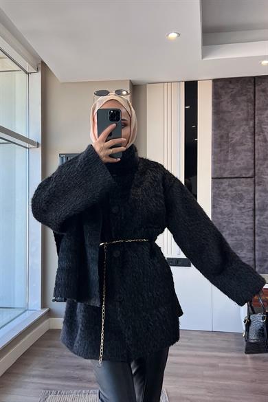 Atkılı Peluş Ceket Siyah