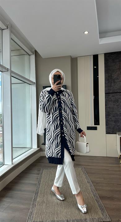 Zebra Desen Yumoş Hırka Lacivert 