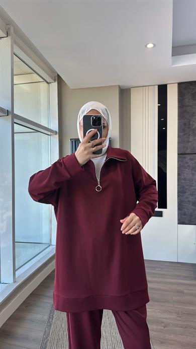 Yakası Fermuarlı Takım Bordo