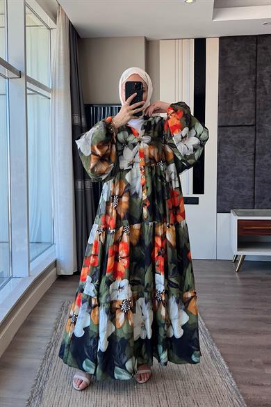 Çiçek Desenli Yarım Patlı Elbise Yeşil