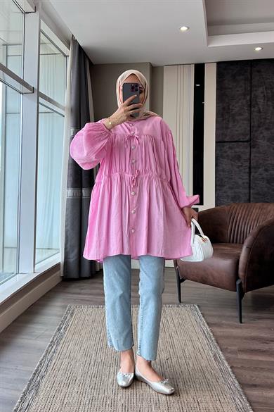 Bağlamalı Keten Gömlek Pembe