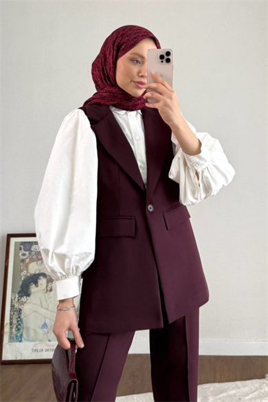 Tek Düğmeli Yelekli Takım Bordo