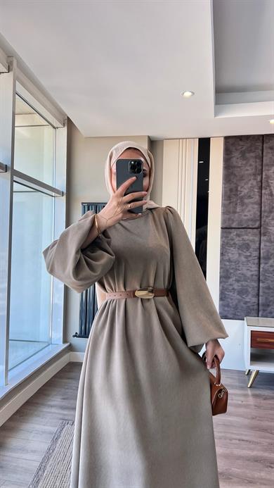 Kemerli Balon Kol Elbise Vizon