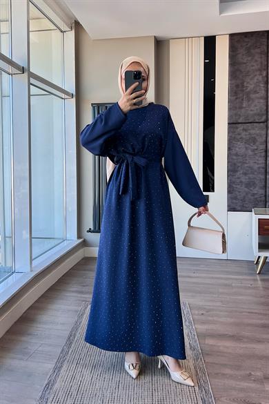 Taşlı Modal Elbise Lacivert
