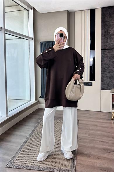 Kolu Düğme Detaylı Sweat Kahverengi