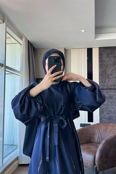 Üzeri Taş Detay Saten Elbise Lacivert