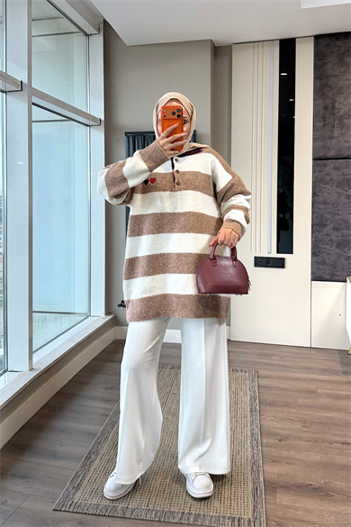Polo Yaka Camel Beyaz Çizgili Yumoş Tunik