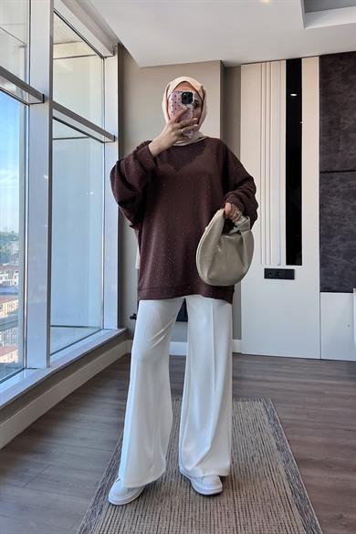 Pamuklu Taşlı Sweat Kahverengi 