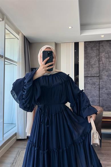 Fırfırlı Şifon Elbise Lacivert