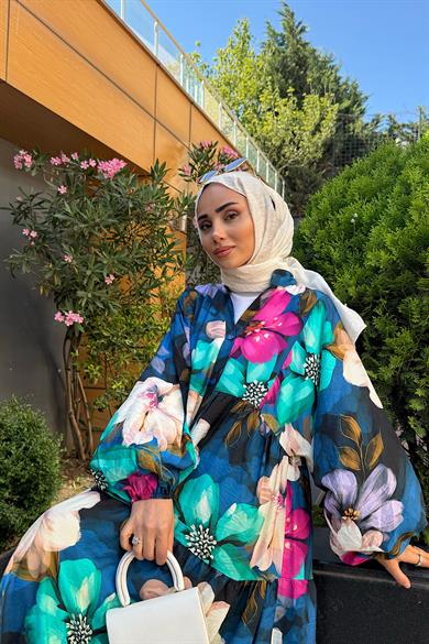 Çiçek Desenli Yarım Patlı Elbise