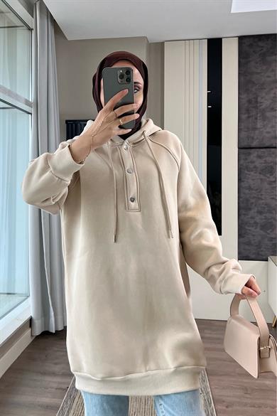 Yakası Çıtçıt Detaylı Sweat Bej