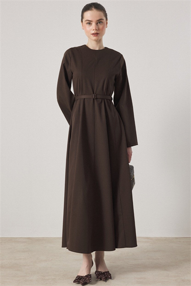 Belden oturtmalı kemerli Elbise Kahverengi 