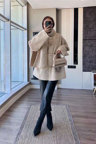 Atkılı Peluş Ceket Krem