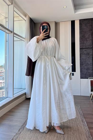 Balon Kol Elbise Beyaz 