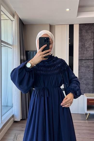 Yakası Ve Kolu Lastikli Şifon Elbise Lacivert