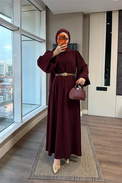 Kemerli Balon Kol Elbise Bordo