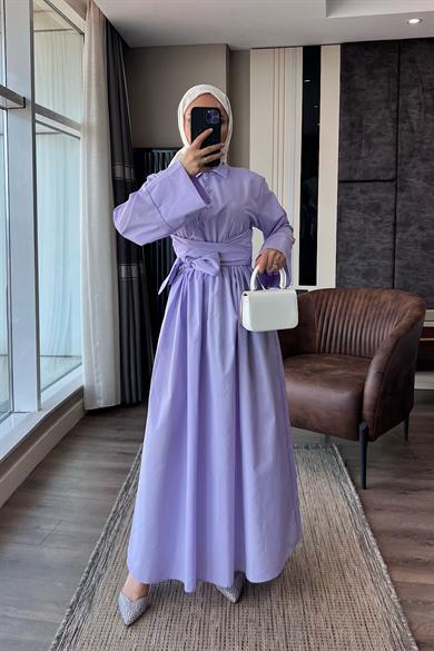 Bağlama Detaylı Poplin Elbise Lila 