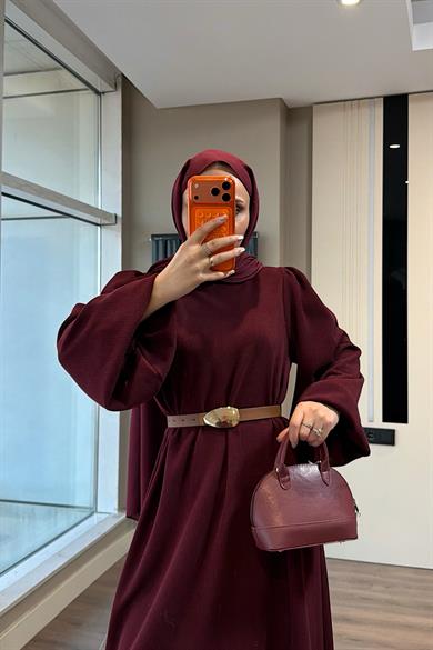 Kemerli Balon Kol Elbise Bordo