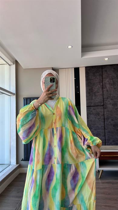 Yarım Patlı Desenli Elbise Sarı-Mor