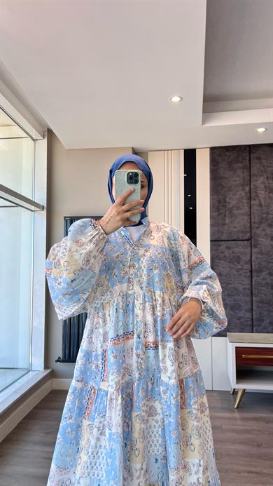 Yarım Patlı Desenli Elbise Mavi