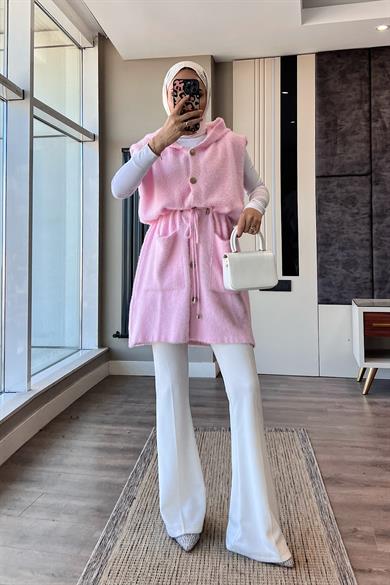 Kapüşonlu Yumoş Yelek Pembe
