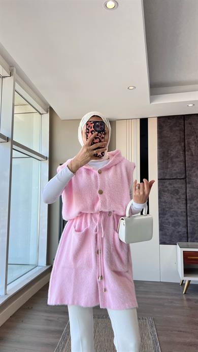 Kapüşonlu Yumoş Yelek Pembe